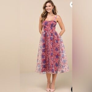 Lulus organza Dress in Pink and Purple magenta floral print bustier dress xl NWT
